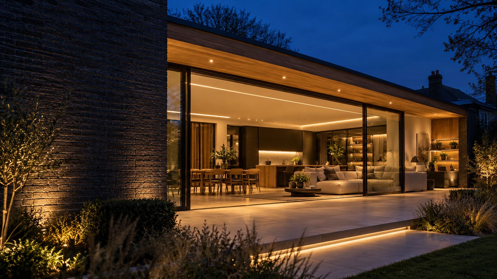 A contemporary home extension lit warmly from within at dusk