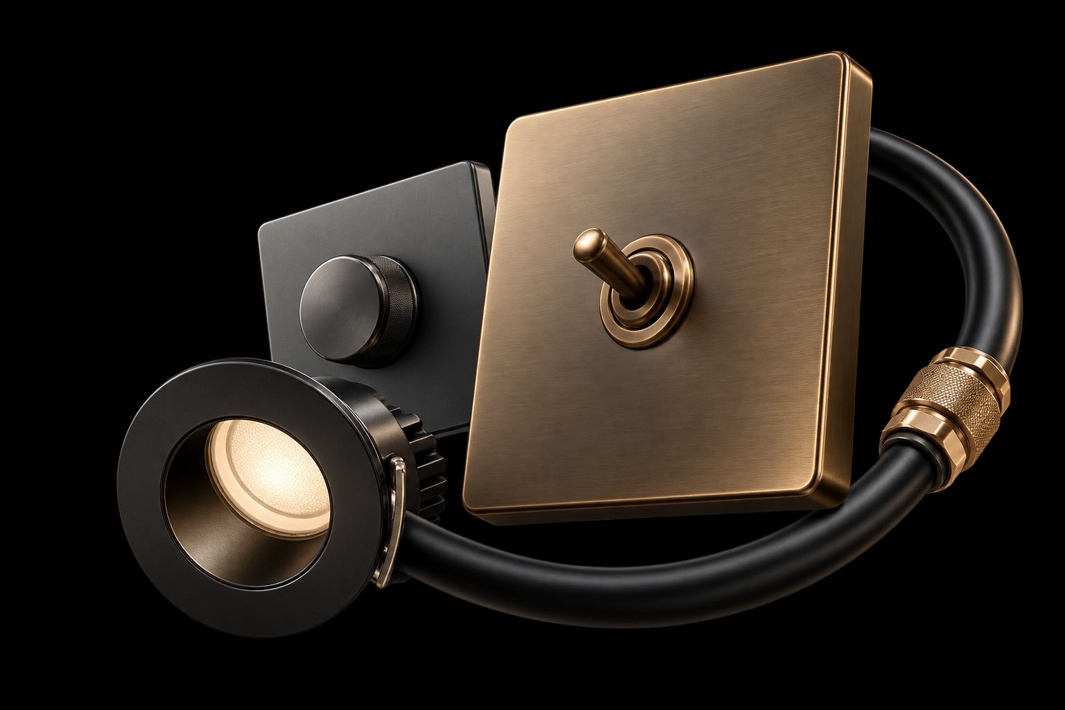 A bronze toggle switch, a graphite dimmer and a warm recessed downlight joined by black cable