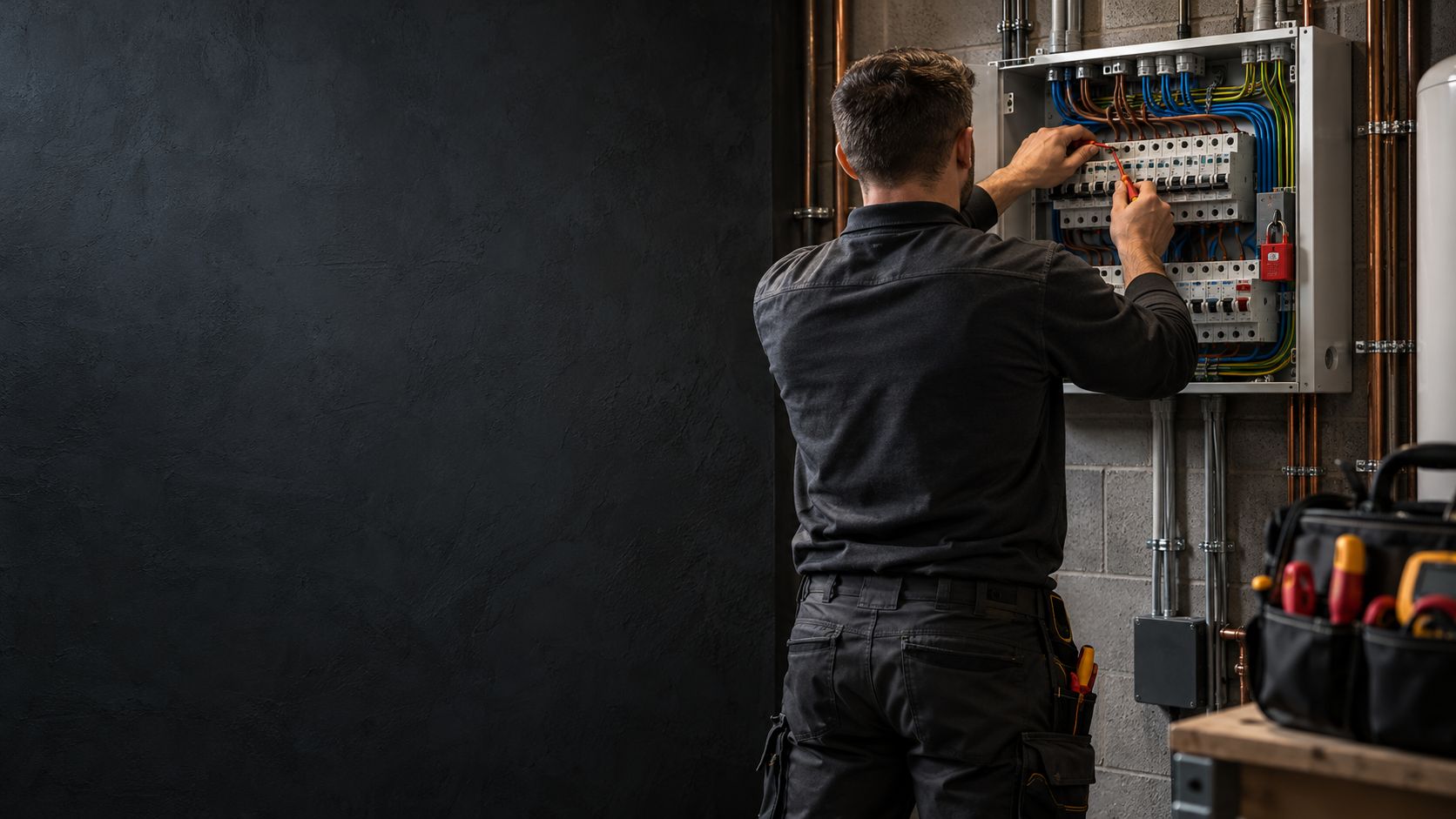 An electrician seen from behind working on an open distribution board, with a bag of tools on a bench to the right