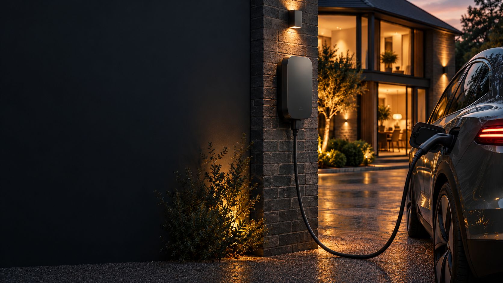 A wall-mounted EV charger on a brick pillar beside a lit house, with a car charging on the drive at dusk