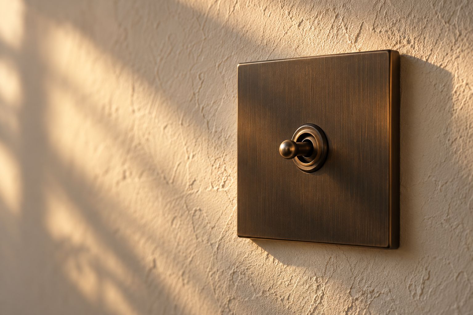 A bronze toggle switch on ivory plaster in warm light